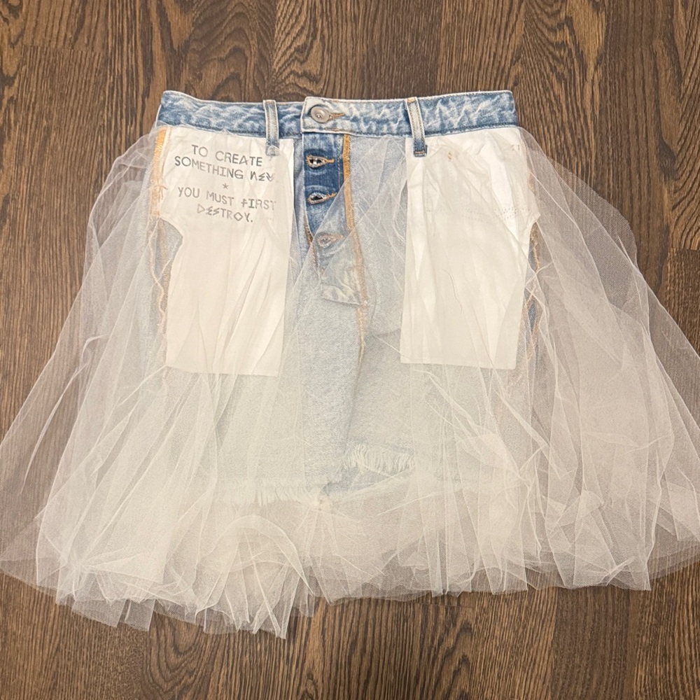 Denim & White Tulle Layered Mini Skirt